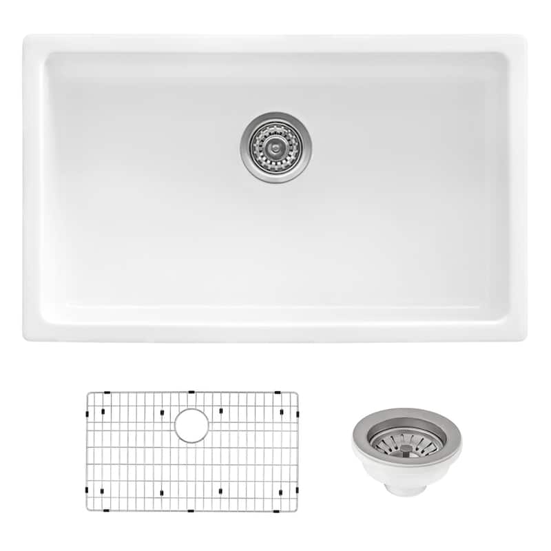 Ruvati 27-inch Fireclay Undermount / Drop-in Topmount Kitchen Sink Single Bowl - White - RVL2707WH - 26-1/2" x 19"