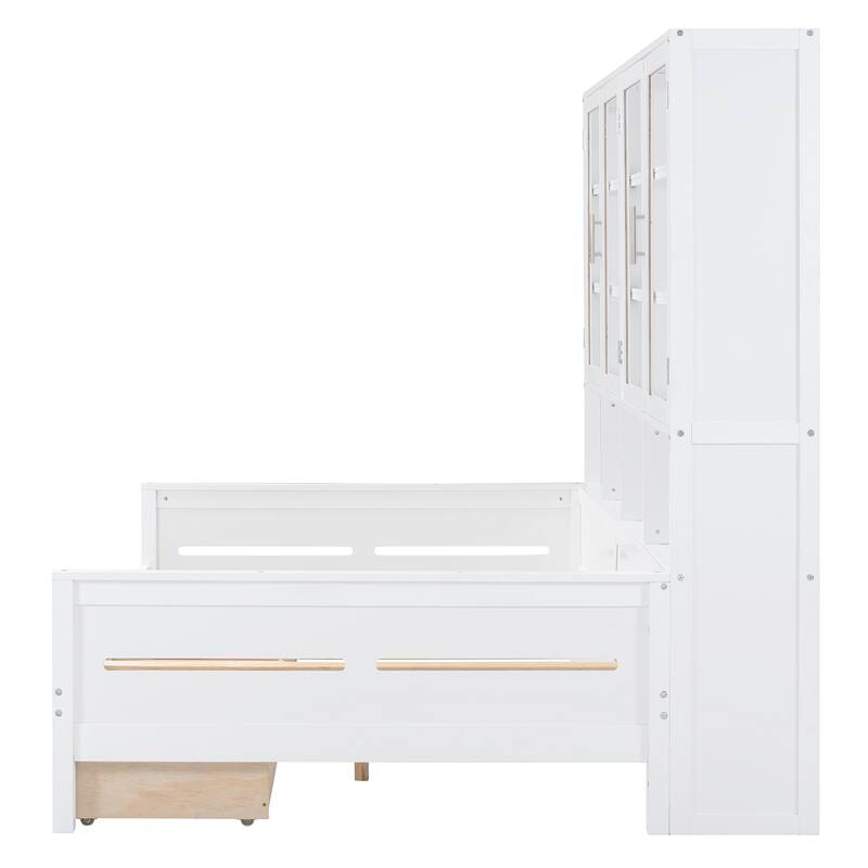 Full Size Solid Wood Storage Bed Frame with 2 Big Drawers Full Size Daybed with Glass-Door Storage Cabinets