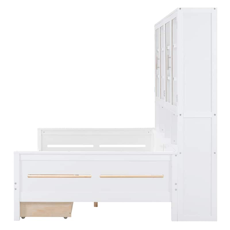 Full Size Wooden Daybed with Glass-Door LED Cabinet & Shelves - 600LB Capacity