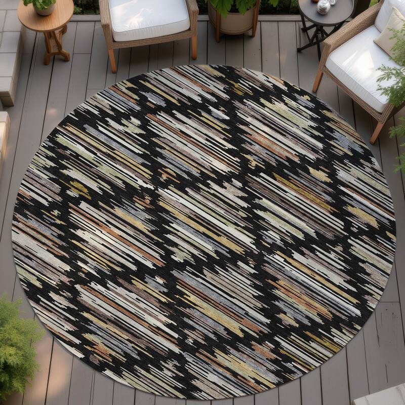 Machine Washable Indoor/ Outdoor Modern Trellis Chantille Rug - Black - 8' x 8'