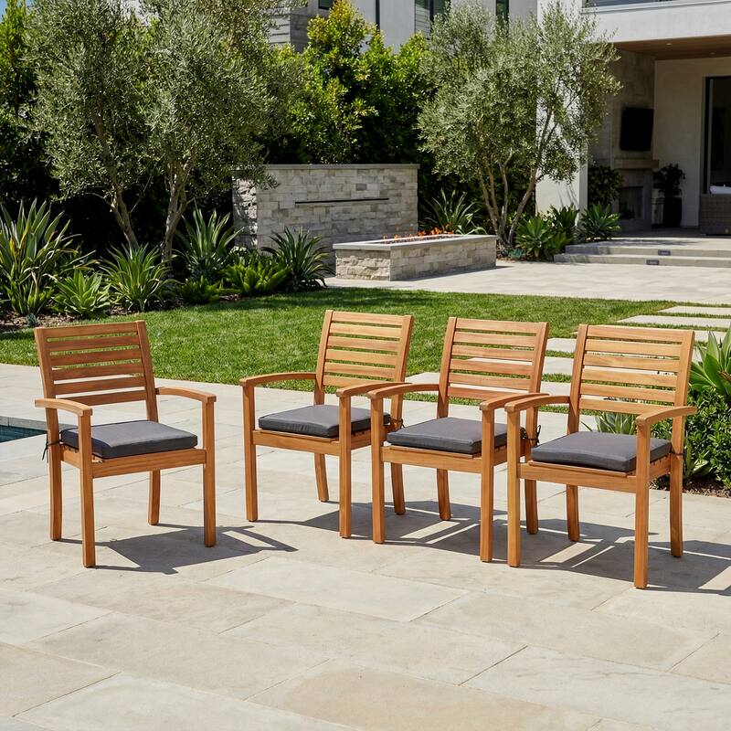 Outdoor Stackable Acacia Wood Dining Chair with Cushion - Dark Gray, 4-Piece