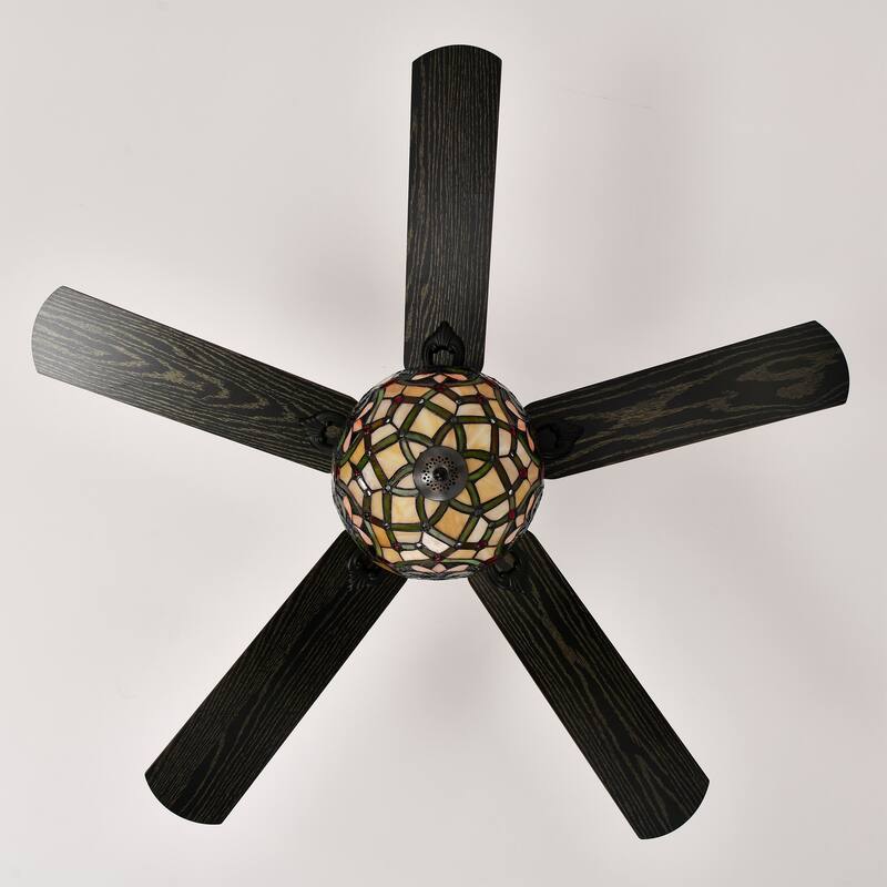 Parponk 52-Inch Flushmount Two-Tiered Lighted Ceiling Fan Green Hatch Tiffany Glass Lamp Black Finish