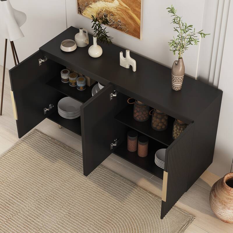 Anmytek Black Fluted Modern Buffet Cabinet Large Storage Sideboard with Adjustable Shelves Accent Console Table