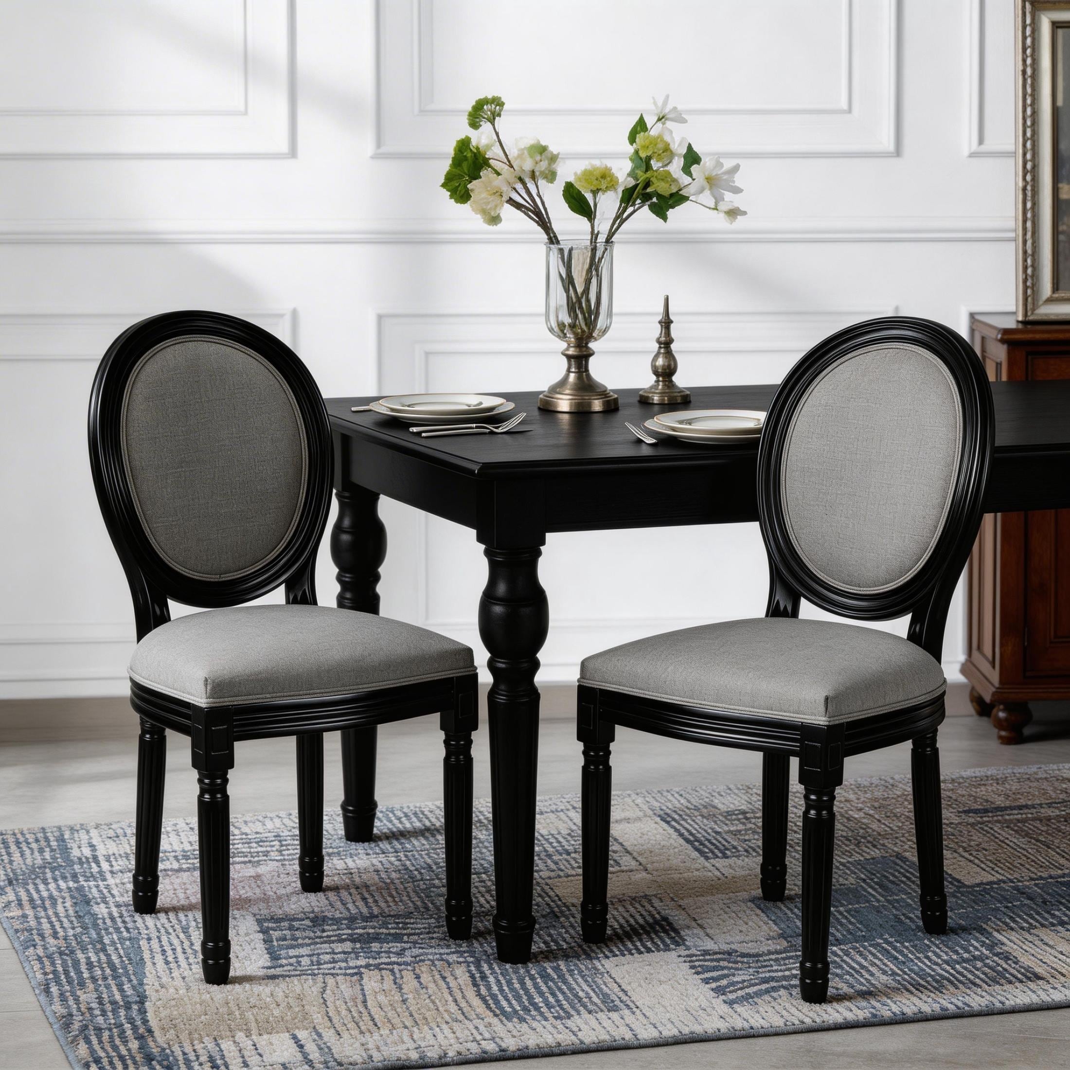 Light Gray Set of 2 French Country Linen Upholstered Dining Chairs with ...