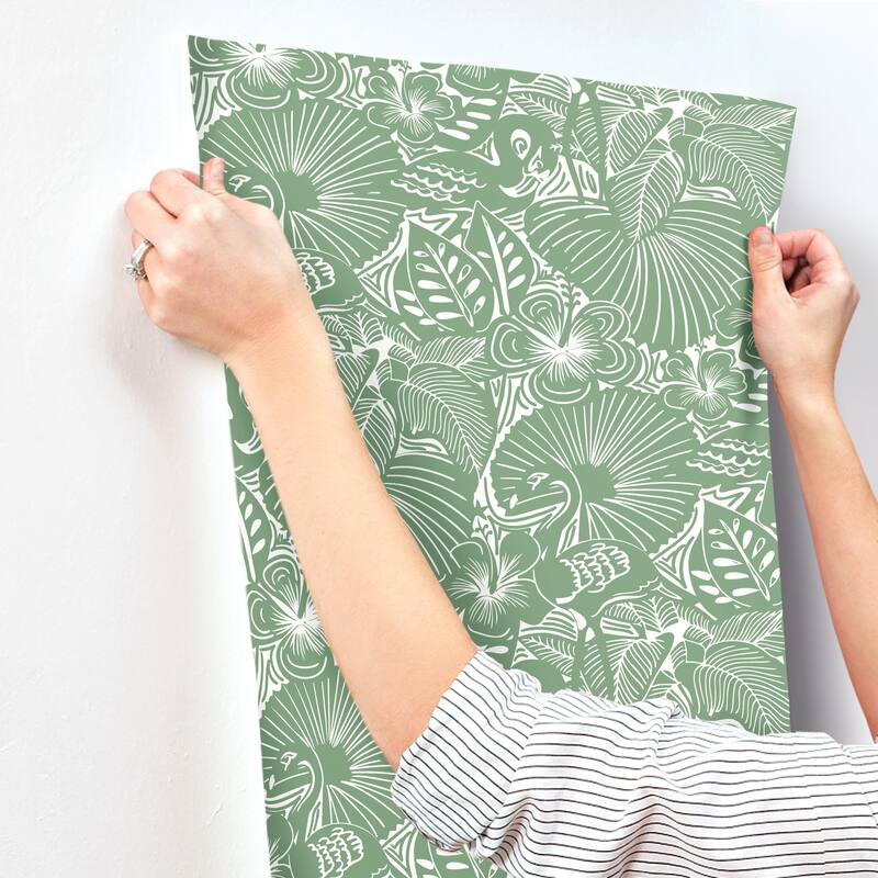 A-Street Prints Idalia Green Floral Flamingo Wallpaper