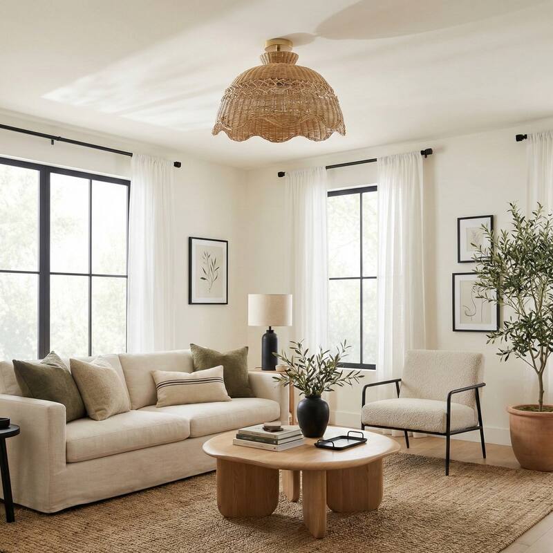 Le Perle Rattan Flush Mount Rattan Natural Handwoven Ceiling Light for Bedroom or Hallway in Farmhouse, Boho, Country Style