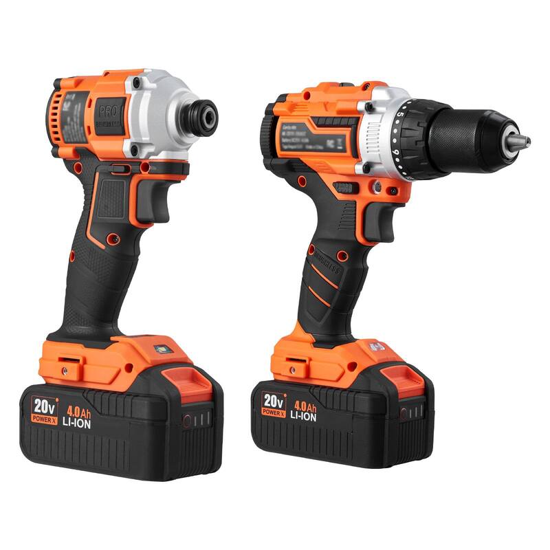 Black and Orange 20V Brushless 2 Tool Impact Drill and Impact Driver Set with 4Ah Batteries - 7.9 x 3 x 10.6 in (20V)