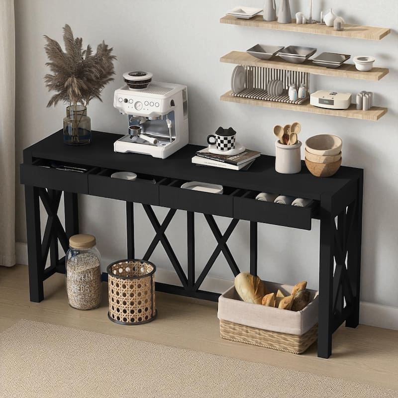 60'' Acacia Veneer Console Table with 4 Drawers and Open Shelf, Farmhouse Entryway Table with Cross Legs