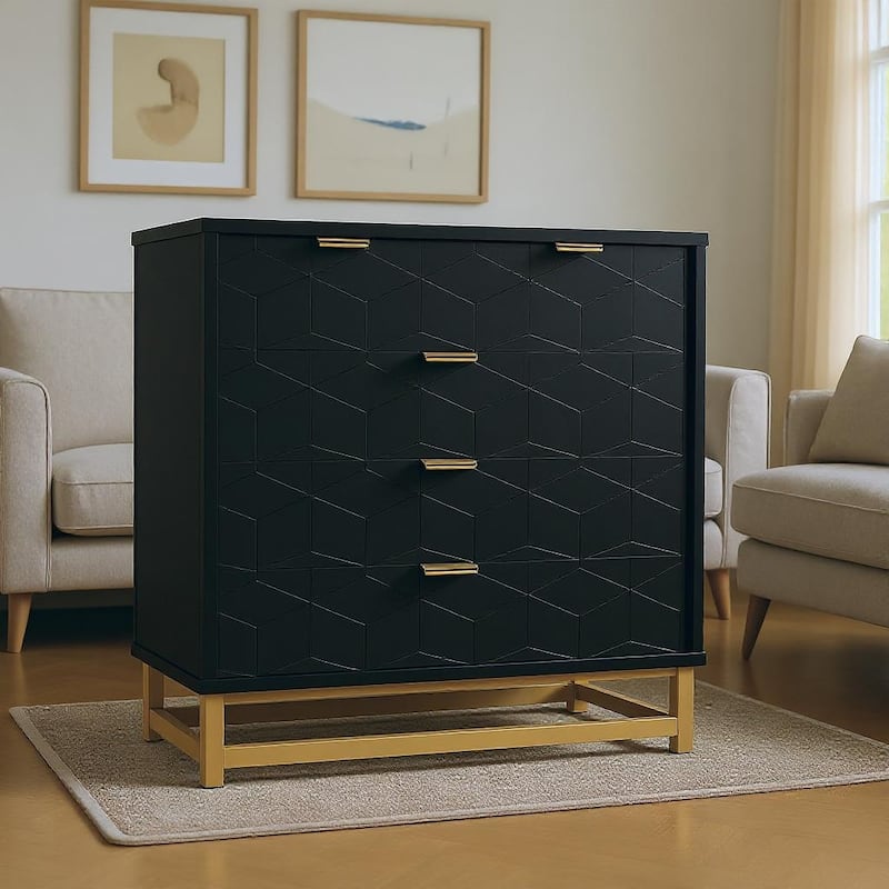 5 Drawer Dresser, with Metal Legs and Gold Handles - Black