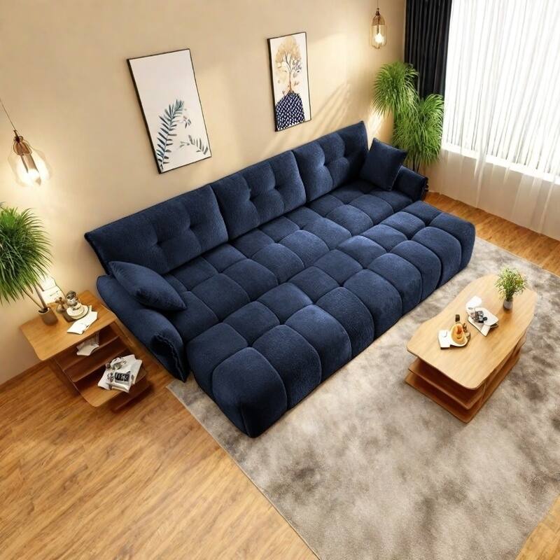 Modular 4-Seat Chenille Sofa Set with 2 Ottomans, High-Resilience Cushions and Solid Wood Frame - 3 Seater with 3 Ottoman Blue