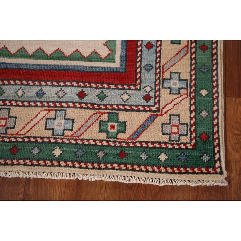 Ivory Geometric Kazak Oriental Area Rug Handmade Bedroom Wool Carpet - 4'0" x 5'9"