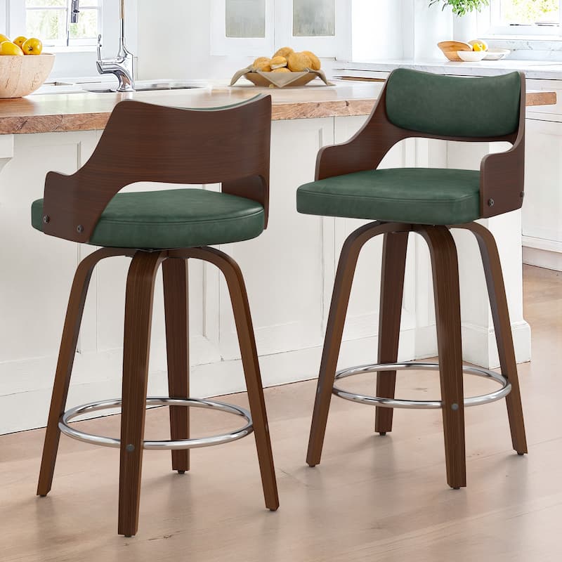 26.in Counter Height Stool Swivel Wooden Faux Leather Bar Stool with Curved Back - Green - Set of 2