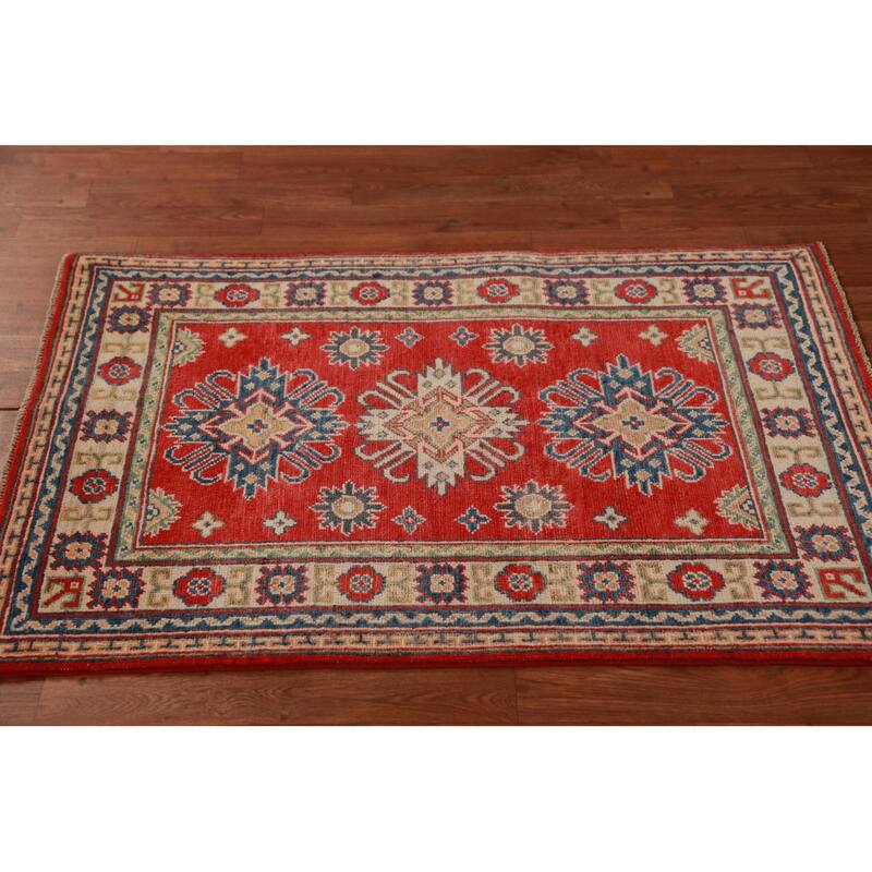 Geometric Kazak Foyer Rug Red Handmade Wool Carpet - 2'8"x 3'11"