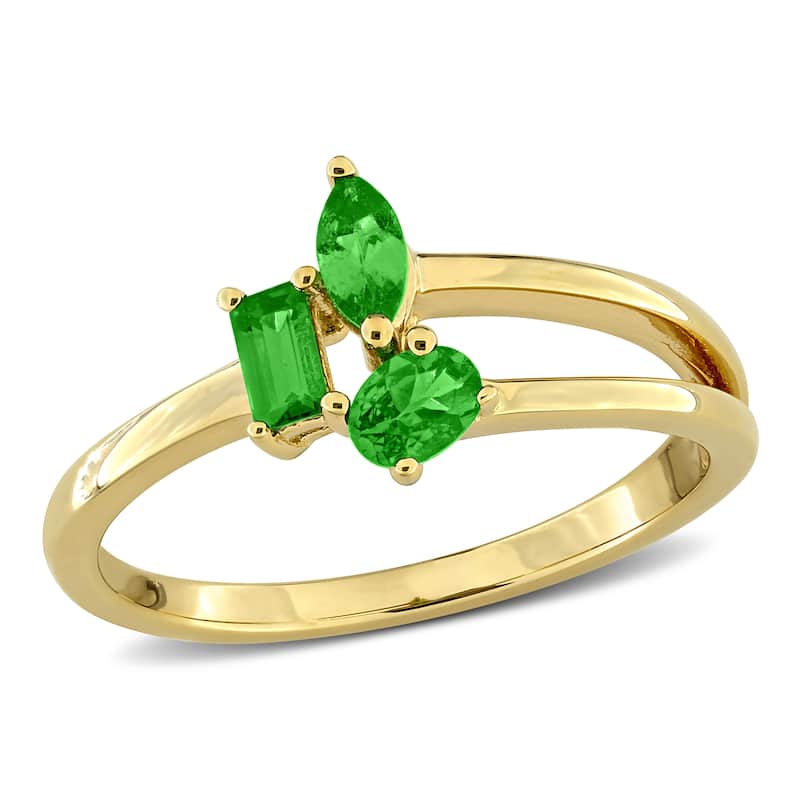 Miadora Multi-Gem Three Stone Split Shank Ring Sterling Silver - 7 - Green
