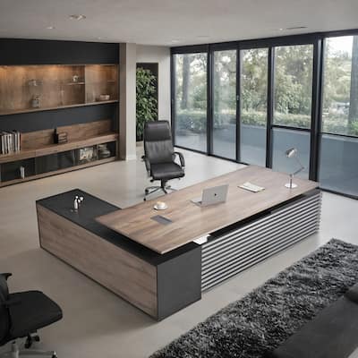 Adjustable Height Executive L Shaped Standing Desk w/ Cable Box Drawers Cabinets