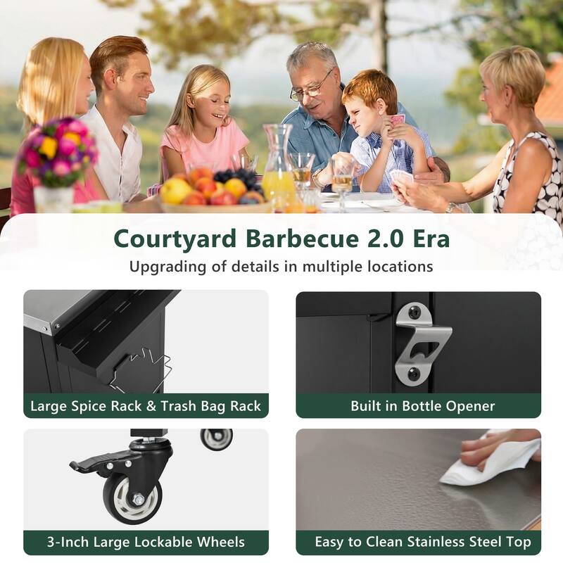 72.4"Large Grill Table for Large Big Green Egg,Metal Outdoor Grill Cart with Fold-out Prep Table,Adjustable Shelves,Spice Rack