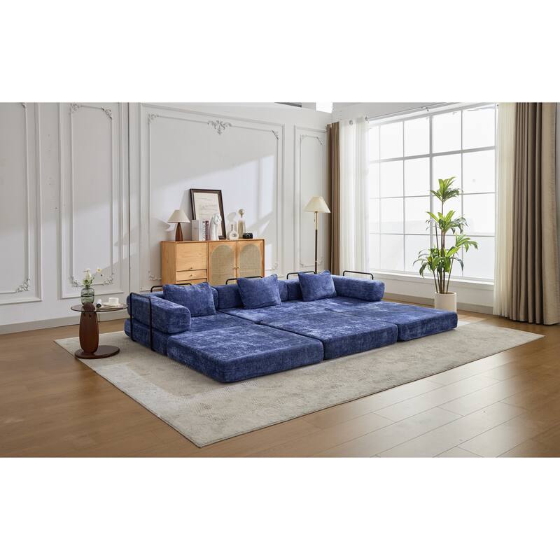 Chenille Fabric Compression Sofa, Boneless Modular Sectional Sofa, Convertible Floor Sofa Bed with Fixed-Shape Frame