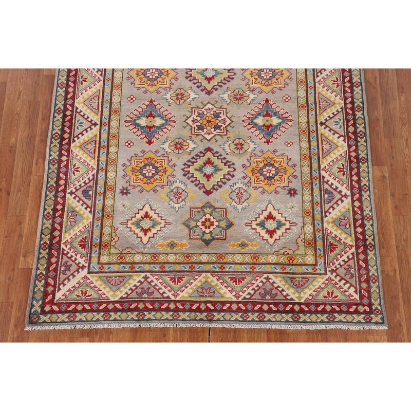 Grey Geometric Kazak Oriental Area Rug Hand-Knotted Wool Carpet - 5'1" x 6'7"