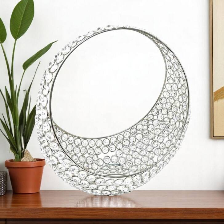 HomeRoots 13" Silver and Faux Crystal Bling Ring Basket