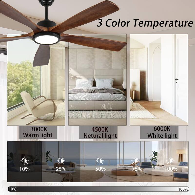 60-Inch Ceiling Fan with Light, 5 Solid Wood Blades, Downrod Mount for Sloped Ceiling ≤15°, Quiet Reversible DC Motor