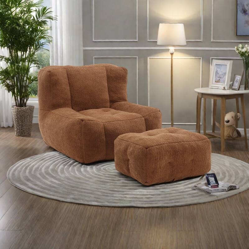 Velvet Memory Foam Bean Bag Super Soft Lounge Chair with Ottoman - Brown