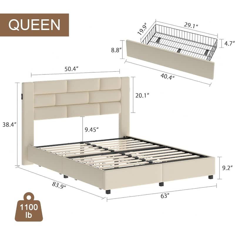 VECELO Upholstered Storage Bed Frame with 2 Side USB Ports and 4 Big Space Drawers, Velvet Headboard and Charging Station-Ports