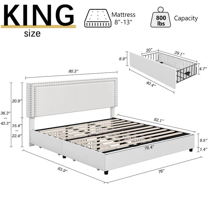 Modern Upholstered Bed Frame with 4 Storage Drawers, Platform Fabric Bed with Button Tufted Headboard