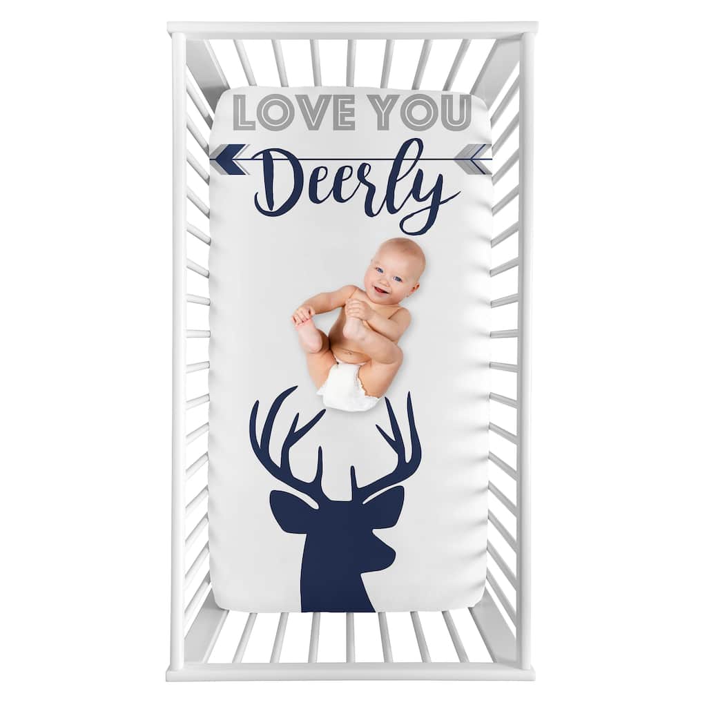 Woodland Deer Collection Boy Photo Op Fitted Crib Sheet - Navy Blue and White Stag