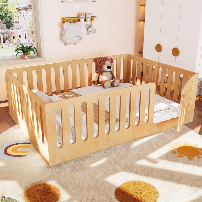 Toddlers Montessori Floor Bed with High Fence, Door, Low Profile Platform Bed Frame for Kids with No Box Spring Needed, No Slats