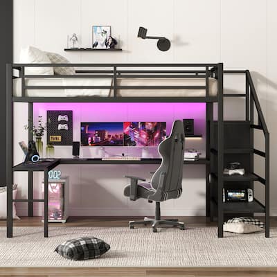 Queen Size LED High Loft Bed with L Shaped Desk and Charging Station, Heavy Duty Metal Loftbed Frame with Wardrobe and Shelves