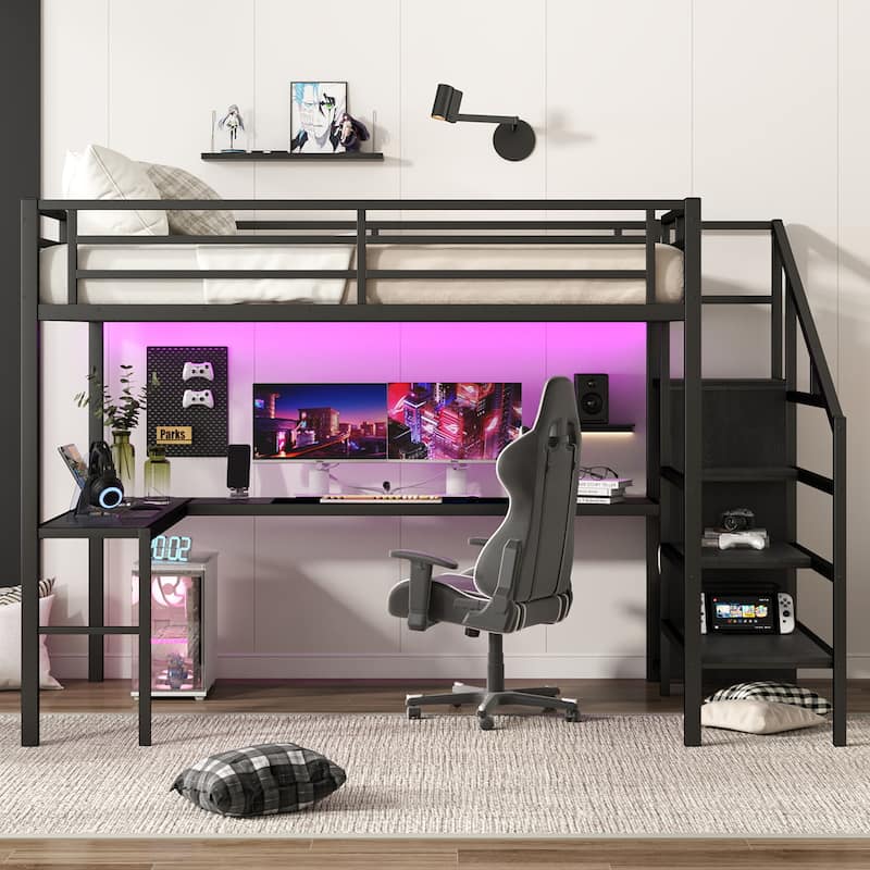 Queen Size Loft Bed with L-shaped Desk and USB, Metal Loft Bed with Wardrobe and Adjustable Shelf, High Loft Bed with LED