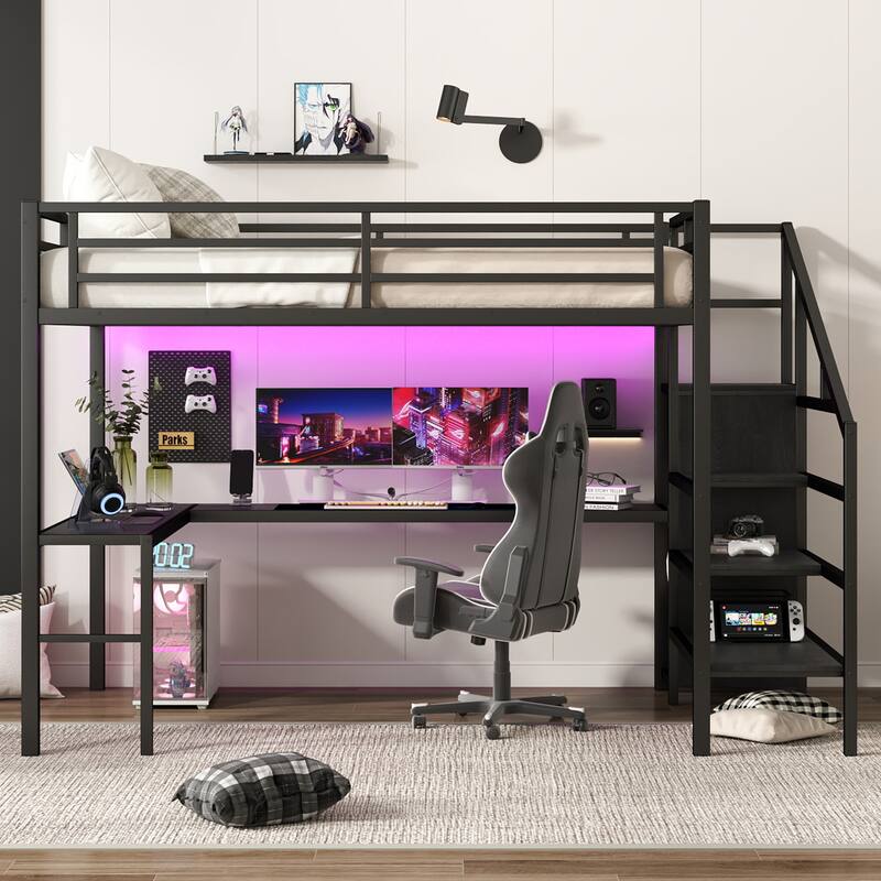 Queen Size Metal Loft Bed with L-Shaped Desk, Built-In Wardrobe, USB Charging Port, Adjustable Shelf and LED Lighting