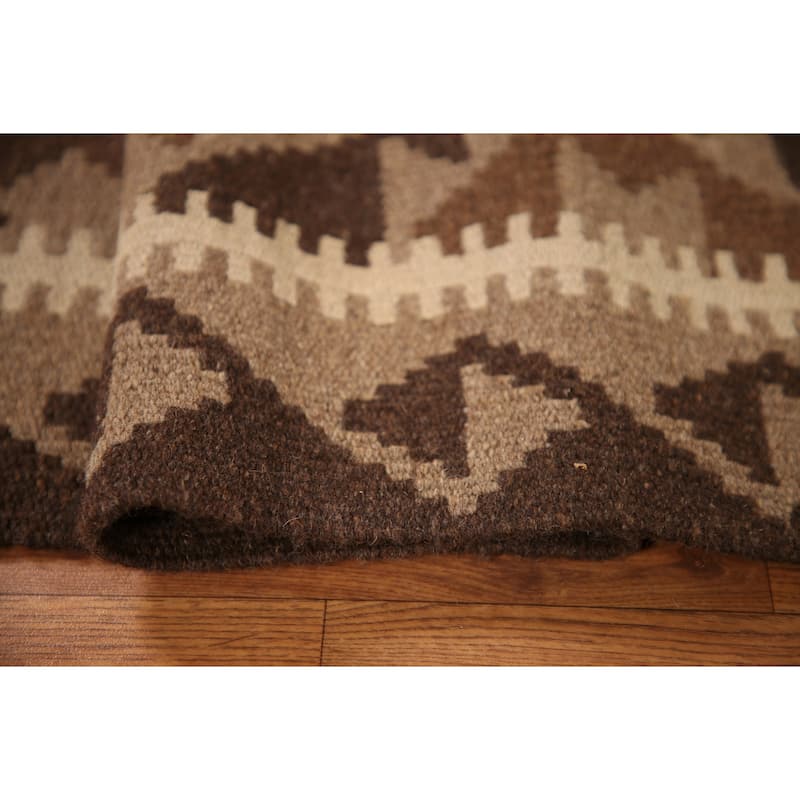 Flat-weave Kilim Oriental Area Rug Brown Reversible Wool Carpet - 3'2" x 5'0"