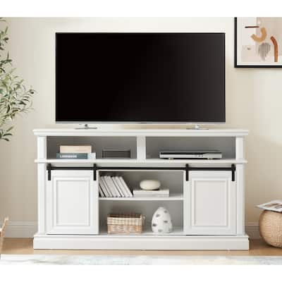 Media Console Table with Storage Cabinet, Mid Century Style Entertainment TV Table, Sliding Door TV Cabinet, Antique White.