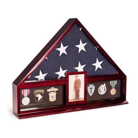 Handcrafted Military Flag and Medal Display Wood Case - Large