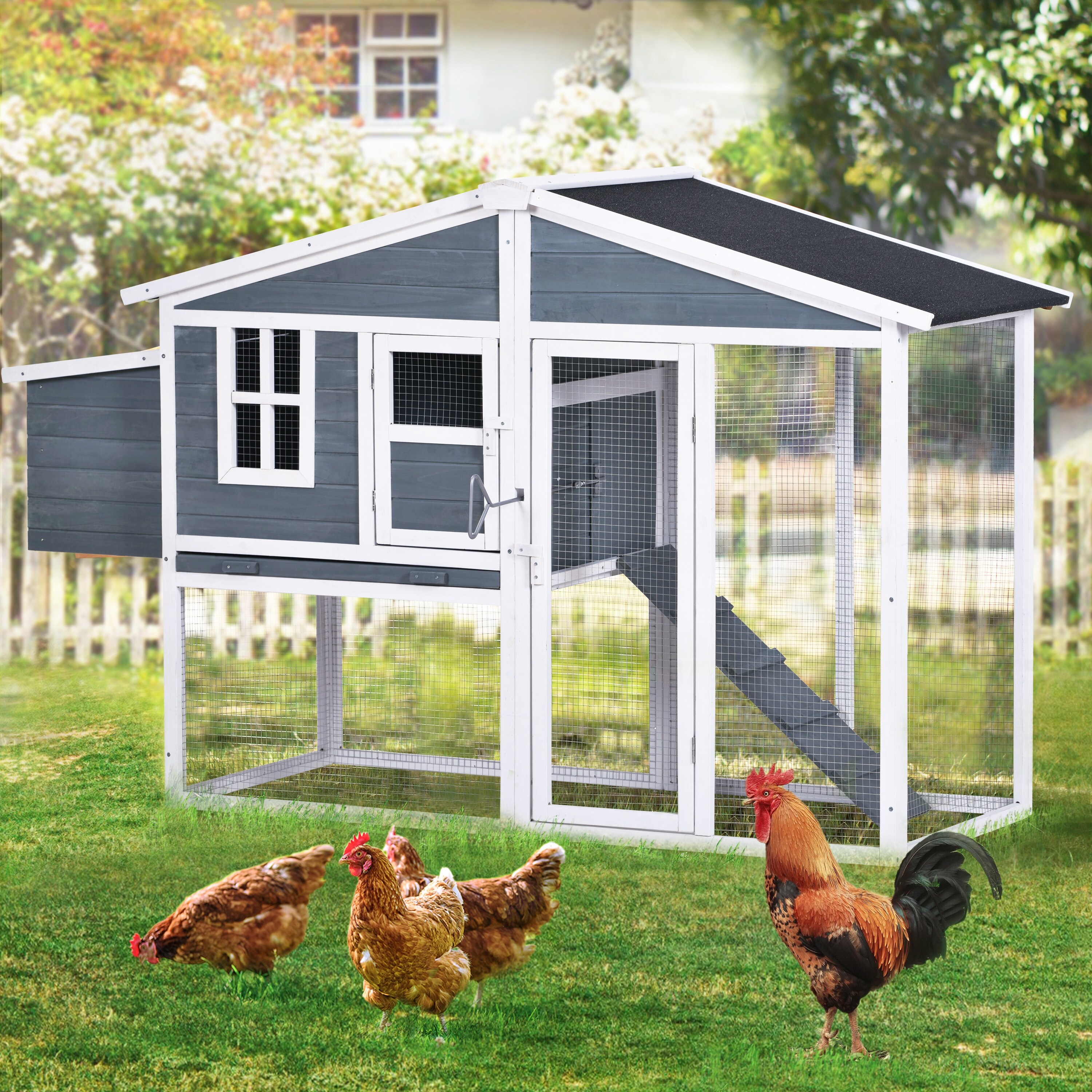 Zion 73.6undefined Large Wooden Chicken Coop with Tray, Ramp - Bed
