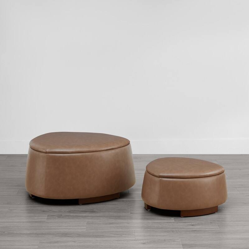 Bridget Storage Ottoman Set Stone-Shaped Footrest for Living Room - Set of 2 - Saddle Brown-Faux leather