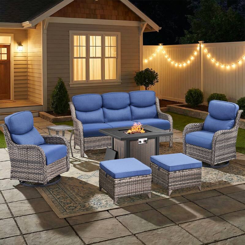Pocassy 30 In Outdoor Fire Pits with Patio Sofa Swivel Glider Chari Furniture. - Gray Wicker Blue Cushion - 7-Piece Sofa Swivel Chair Ottoman w/ Fie Table