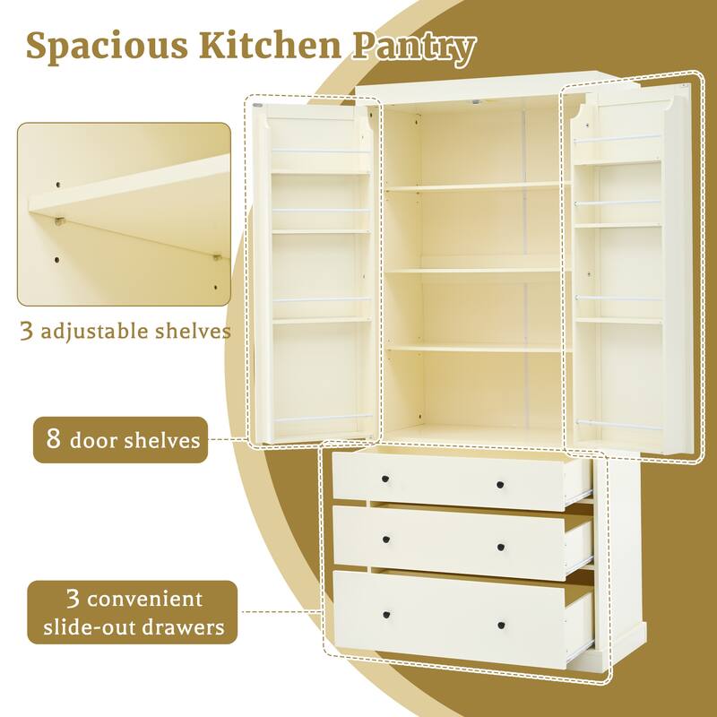 77" Farmhouse Pantry Cabinet - Tall Freestanding Storage with 3 Drawers & 11 Adjustable Shelves (8 Door + 3 Main) for Kitchen