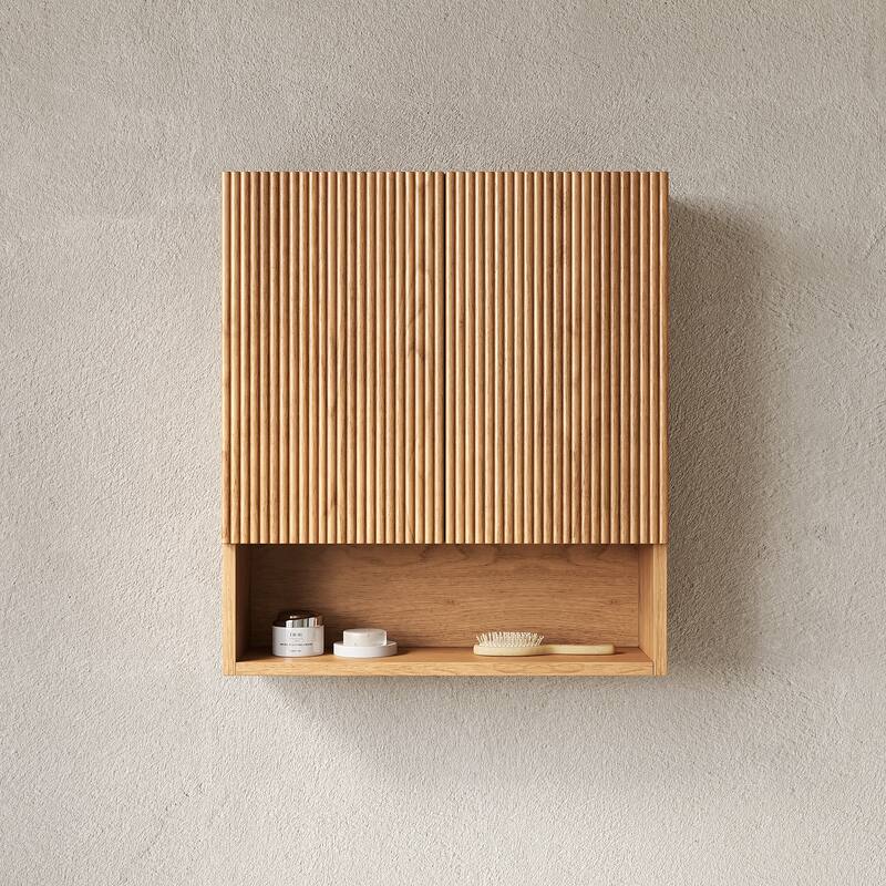 GDFStudio - Tobi 26" Wall-Mounted Striped Bathroom Cabinet with Doors, Shelf, Natural Woodgrain Color