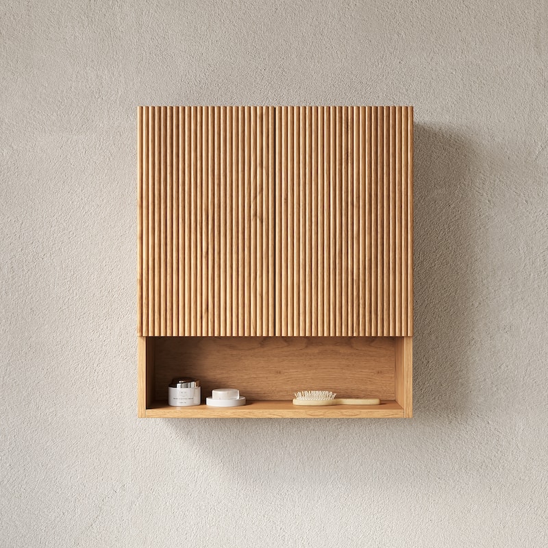 GDFStudio - Tobi 26" Wall-Mounted Striped Bathroom Cabinet with Doors, Shelf, Natural Woodgrain Color - Natural Wood