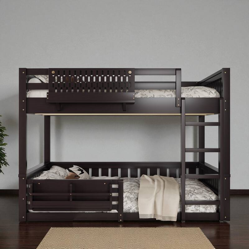 Queen over Queen Bunk Bed with Ladder, Guardrails, Pegboard Storage & Built-In Bookshelf, Solid Wood Frame - Espresso - Queen