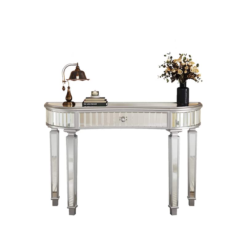 GDFStudio - 47" Half-Moon Mirrored Console Table with Fluted Glass & Crystal Knob Drawer
