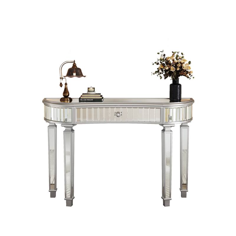 Roomfitters 47" Half-Moon Mirrored Console Table, Fluted Glass Entryway Vanity with Crystal Knob Drawer