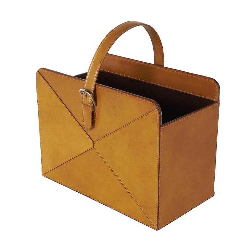 Brown or Black Leather Handmade Box Style Single Slot Decorative Magazine Holder with Detail Stitching and Curved Buckle Handles