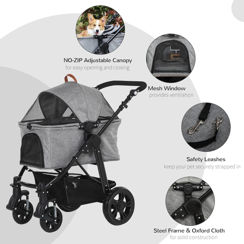 PawHut Dog Stroller with Adjustable Canopy Safety Leashes and Carrying Bag, Grey