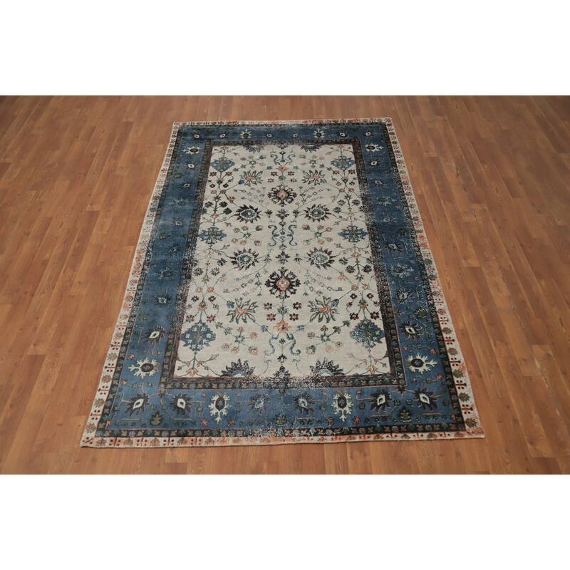 Hand Knotted Oriental Viscose Silk Carpet Transitional All-Over Beige & Ivories Oushak Area Rug - 7' 10'' X 5' 0''