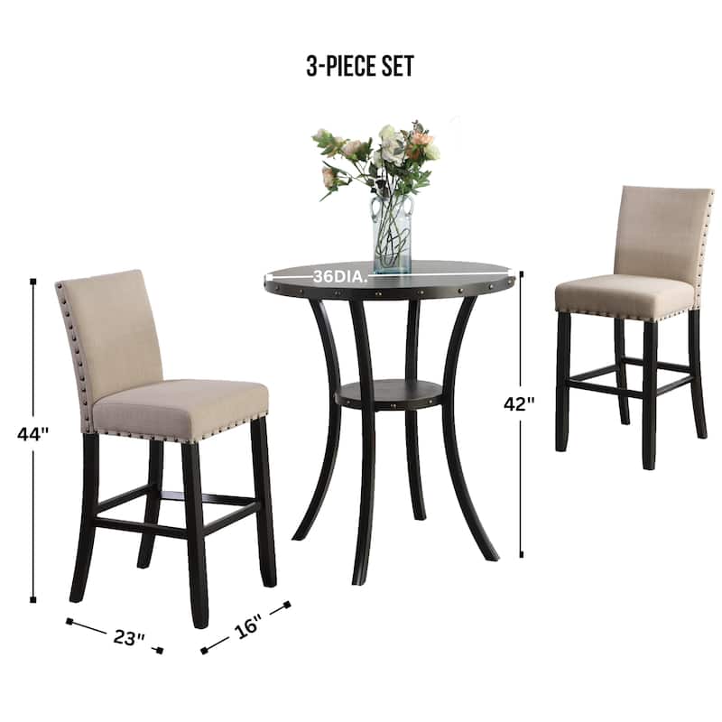 Roundhill Furniture Biony 3-Piece 36" Round Espresso Bar Table with 2 Nail Head Barstools