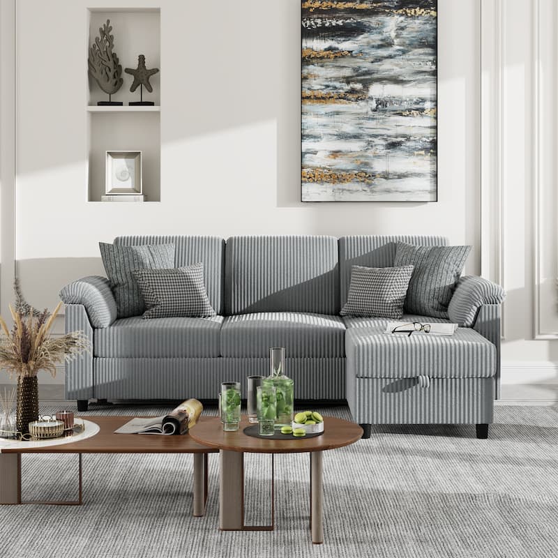 Futzca 79'' Corduroy Sectional Sofa Couch with Removable Pillow - LightGrey