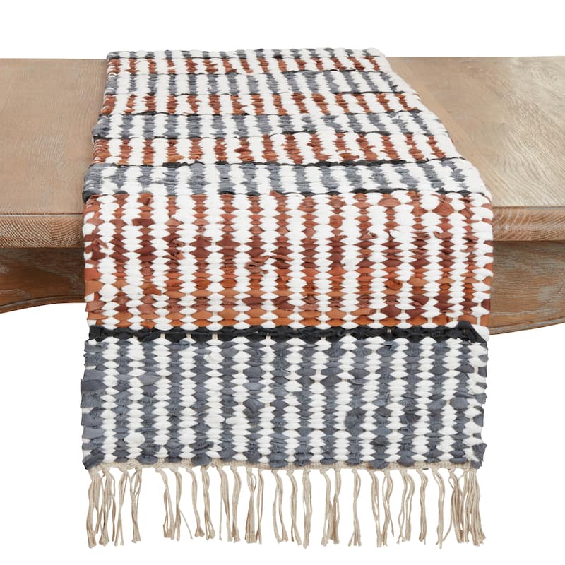 Leather Chindi Stripe Fringed Table Runner - 16"x72" - 16"x72" - Multi